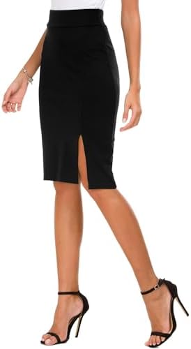 Knee Length Stretch Pencil Skirt High Waisted Bodycon Midi Straight Skirt, Black
