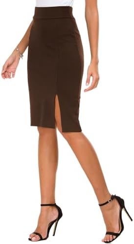 Knee Length Stretch Pencil Skirt High Waisted Bodycon Midi Straight Skirt, Chocolate