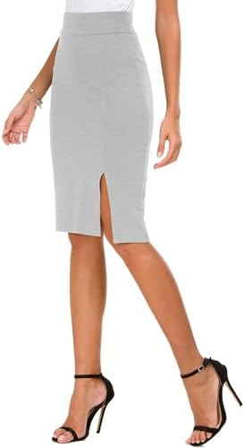 Knee Length Stretch Pencil Skirt High Waisted Bodycon Midi Straight Skirt, Light Grey