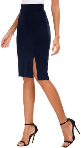 Knee Length Stretch Pencil Skirt High Waisted Bodycon Midi Straight Skirt, Navy Blue