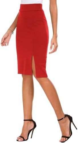 Knee Length Stretch Pencil Skirt High Waisted Bodycon Midi Straight Skirt, Red
