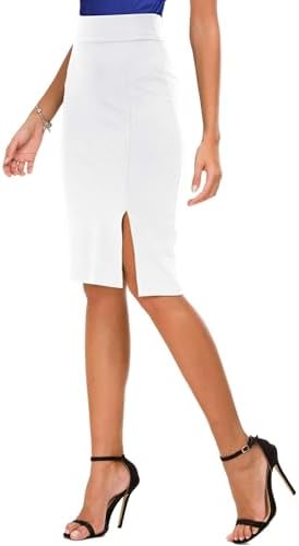 Knee Length Stretch Pencil Skirt High Waisted Bodycon Midi Straight Skirt, White