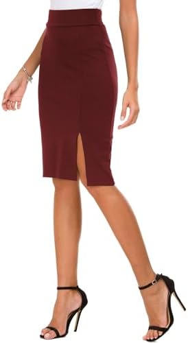 Knee Length Stretch Pencil Skirt High Waisted Bodycon Midi Straight Skirt, Wine Red
