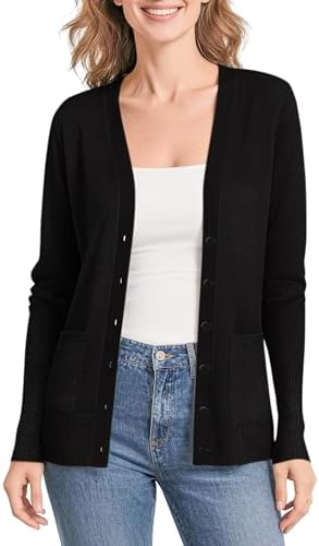 Lightweight Button Front Cardigan Sweaters V-Neck Classic Knit Sweater with Pockets, Black