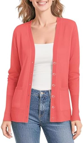 Lightweight Button Front Cardigan Sweaters V-Neck Classic Knit Sweater with Pockets Coral, Coral