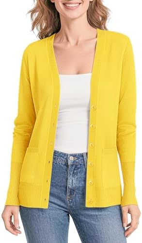Lightweight Button Front Cardigan Sweaters V-Neck Classic Knit Sweater with Pockets Lemon, Lemon Yellow