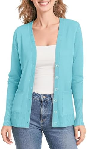 Lightweight Button Front Cardigan Sweaters V-Neck Classic Knit Sweater with Pockets, Light Blue