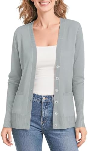 Lightweight Button Front Cardigan Sweaters V-Neck Classic Knit Sweater with Pockets, Light Gray
