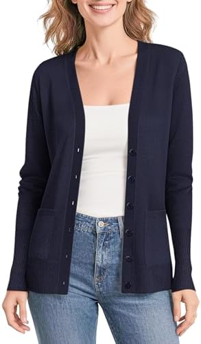 Lightweight Button Front Cardigan Sweaters V-Neck Classic Knit Sweater with Pockets, Navy