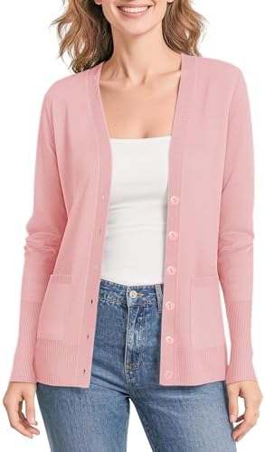 Lightweight Button Front Cardigan Sweaters V-Neck Classic Knit Sweater with Pockets, Pink