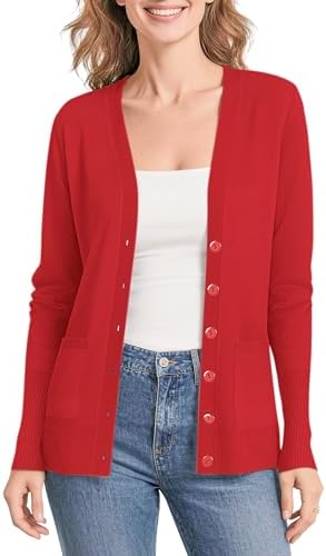 Lightweight Button Front Cardigan Sweaters V-Neck Classic Knit Sweater with Pockets, Red