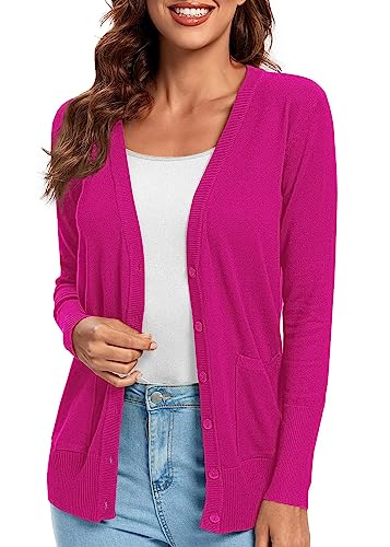 Lightweight Button Front Cardigan Sweaters V-Neck Classic Knit Sweater with Pockets, Rose
