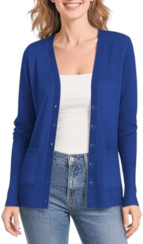 Lightweight Button Front Cardigan Sweaters V-Neck Classic Knit Sweater with Pockets Royal, Royal Blue