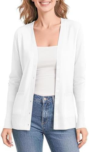 Lightweight Button Front Cardigan Sweaters V-Neck Classic Knit Sweater with Pockets