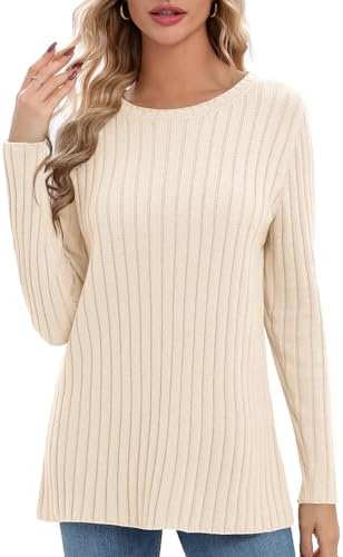 Lightweight Crewneck Pullover Sweaters Long Sleeve Fall Knitted Sweater Tops, Apricot