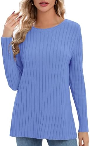 Lightweight Crewneck Pullover Sweaters Long Sleeve Fall Knitted Sweater Tops, Blue Heather