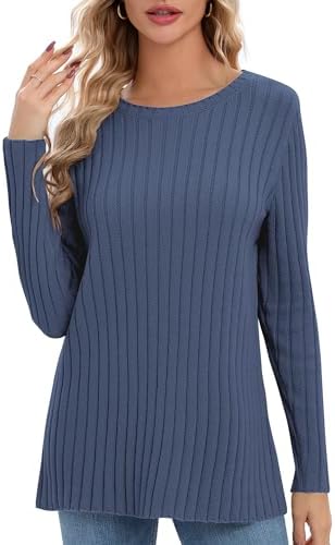Lightweight Crewneck Pullover Sweaters Long Sleeve Fall Knitted Sweater Tops, Bluestone