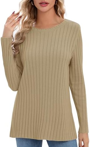 Lightweight Crewneck Pullover Sweaters Long Sleeve Fall Knitted Sweater Tops, Camel