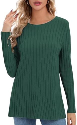 Lightweight Crewneck Pullover Sweaters Long Sleeve Fall Knitted Sweater Tops, Dark Green
