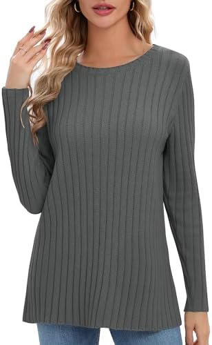 Lightweight Crewneck Pullover Sweaters Long Sleeve Fall Knitted Sweater Tops, Deep Grey