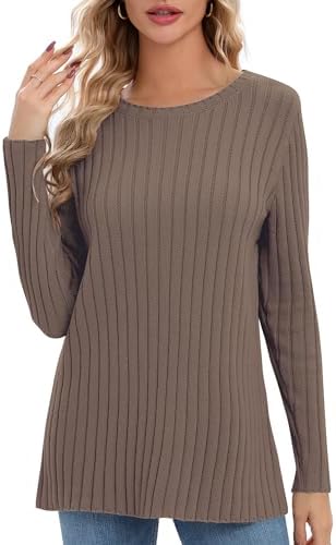 Lightweight Crewneck Pullover Sweaters Long Sleeve Fall Knitted Sweater Tops, Light Brown
