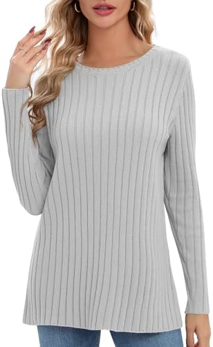 Lightweight Crewneck Pullover Sweaters Long Sleeve Fall Knitted Sweater Tops, Light Grey