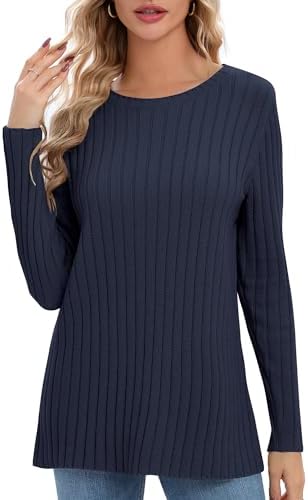 Lightweight Crewneck Pullover Sweaters Long Sleeve Fall Knitted Sweater Tops, Navy Blue
