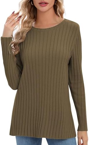 Lightweight Crewneck Pullover Sweaters Long Sleeve Fall Knitted Sweater Tops, Olive