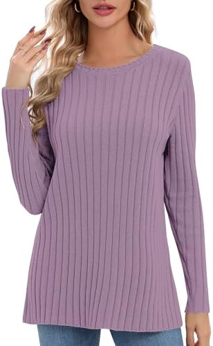 Lightweight Crewneck Pullover Sweaters Long Sleeve Fall Knitted Sweater Tops, Pink Apricot