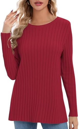 Lightweight Crewneck Pullover Sweaters Long Sleeve Fall Knitted Sweater Tops, Red
