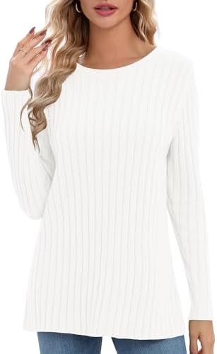 Lightweight Crewneck Pullover Sweaters Long Sleeve Fall Knitted Sweater Tops, White