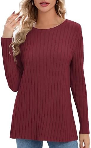 Lightweight Crewneck Pullover Sweaters Long Sleeve Fall Knitted Sweater Tops, Wine Red