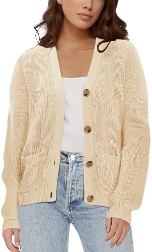 Lightweight Knit Open Front V-Neck Long Sleeve Button Down Casual Cardigan with Pockets, Apricot