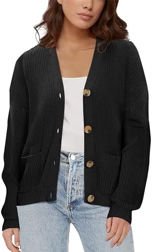 Lightweight Knit Open Front V-Neck Long Sleeve Button Down Casual Cardigan with Pockets, Black