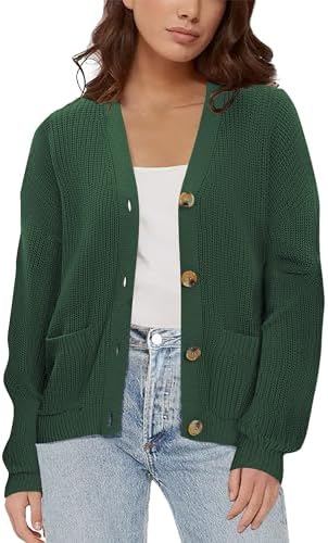 Lightweight Knit Open Front V-Neck Long Sleeve Button Down Casual Cardigan with Pockets, Dark Green