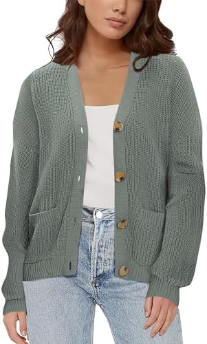 Lightweight Knit Open Front V-Neck Long Sleeve Button Down Casual Cardigan with Pockets, Deep Grey