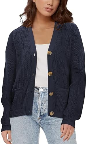 Lightweight Knit Open Front V-Neck Long Sleeve Button Down Casual Cardigan with Pockets, Navy Blue