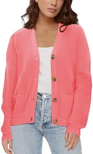 Lightweight Knit Open Front V-Neck Long Sleeve Button Down Casual Cardigan with Pockets, Pink