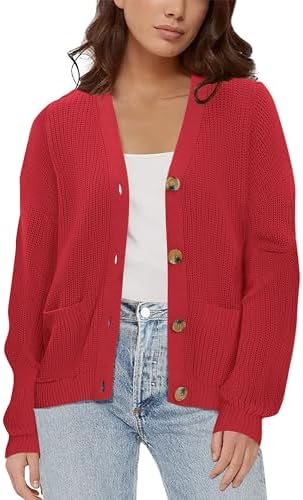 Lightweight Knit Open Front V-Neck Long Sleeve Button Down Casual Cardigan with Pockets, Red
