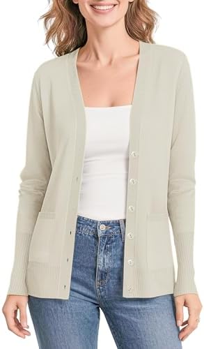 Lightweight Long Sleeve Cardigan Sweaters V-Neck Button Down Knit Sweater with Pockets, Apricot