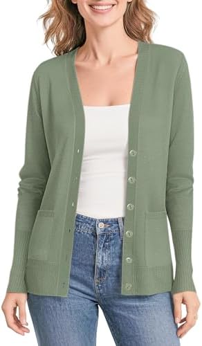 Lightweight Long Sleeve Cardigan Sweaters V-Neck Button Down Knit Sweater with Pockets, Washed Olive