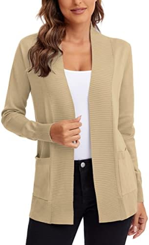 Lightweight Open Front Knit Cardigan Sweater with Pockets, Apricot
