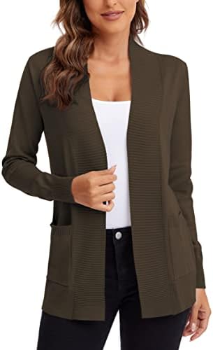 Lightweight Open Front Knit Cardigan Sweater with Pockets, Brown