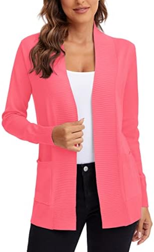 Lightweight Open Front Knit Cardigan Sweater Long Sleeve with Pocket, Coral