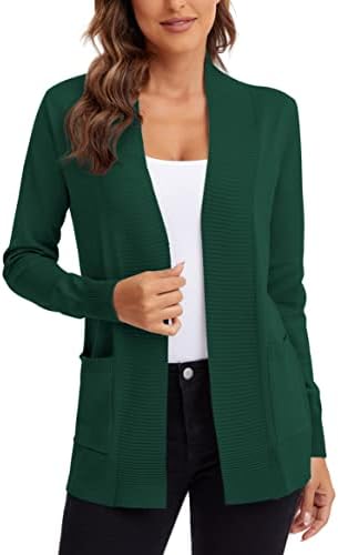 Lightweight Open Front Knit Cardigan Sweater Long Sleeve with Pocket, Dark Green