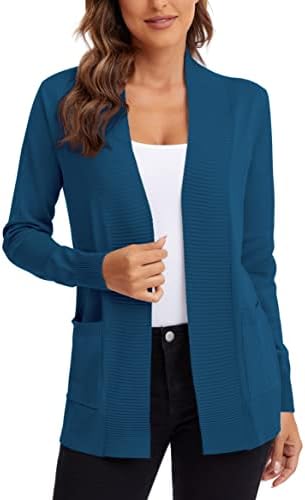 Lightweight Open Front Knit Cardigan Sweater with Pockets, Indigo Blue