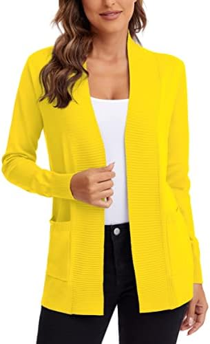 Lightweight Open Front Knit Cardigan Sweater with Pockets, Lemon Yellow