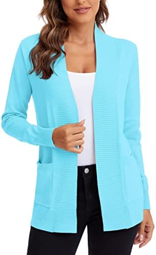 Lightweight Open Front Knit Cardigan Sweater Long Sleeve with Pocket, Light Blue