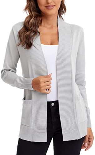 Lightweight Open Front Knit Cardigan Sweater Long Sleeve with Pocket, Light Gray
