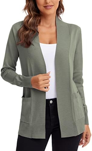 Lightweight Open Front Knit Cardigan Sweater Long Sleeve with Pocket, Light Olive